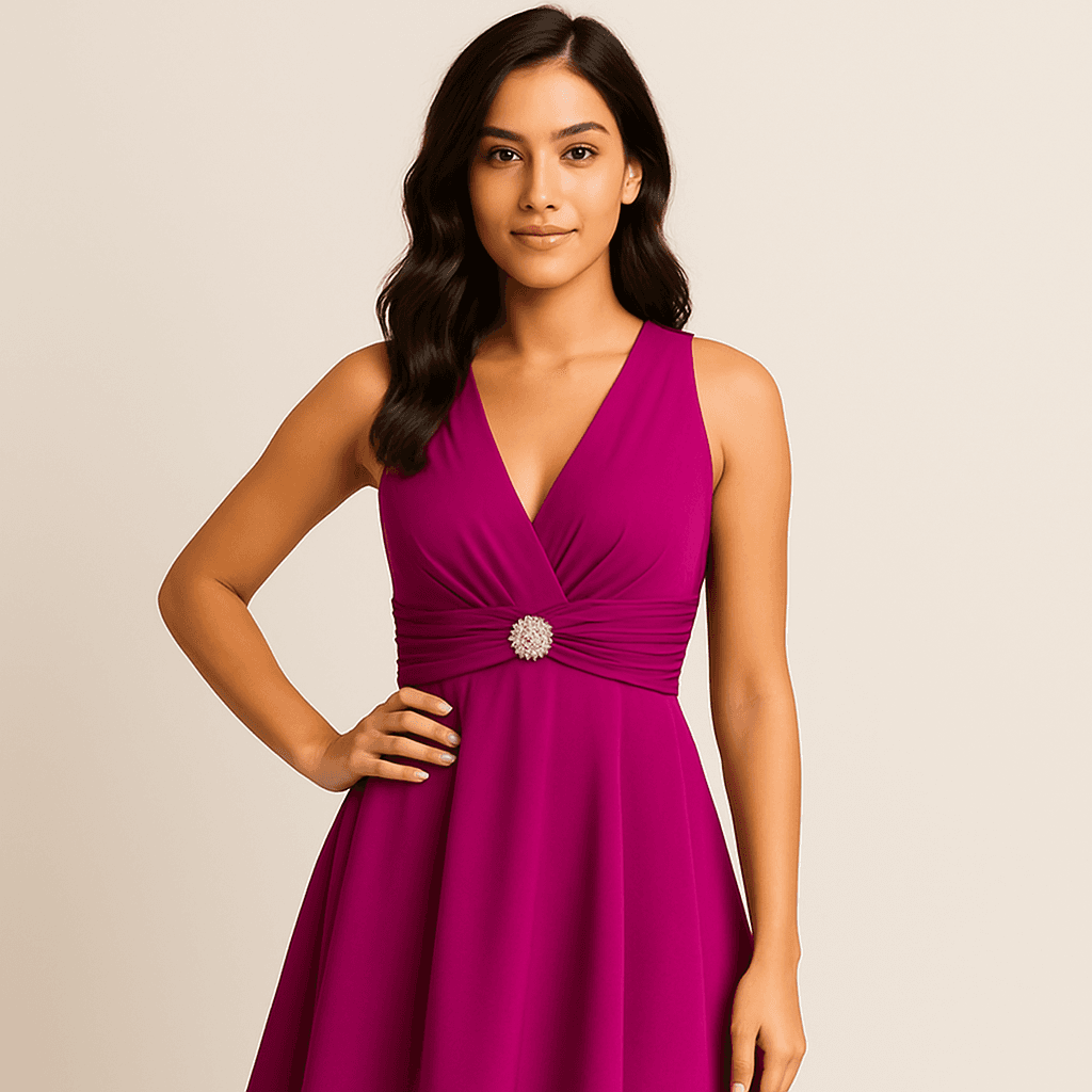 Elegant Magenta V-Neck Brooch Dress